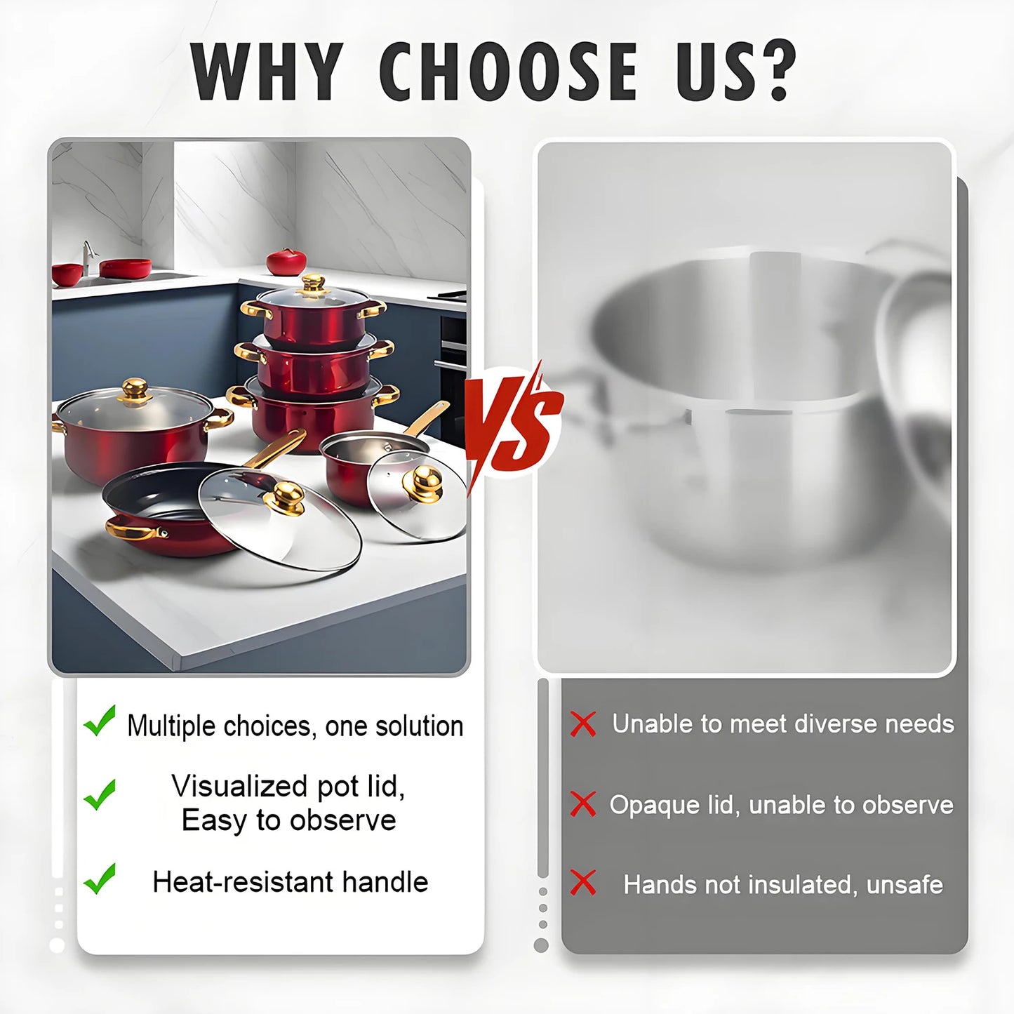 Red Cookware Set, 12-Piece ,Stainless Steel, Non-Stick, Kitchen Cookware Collection,Complete Kitchen Solution