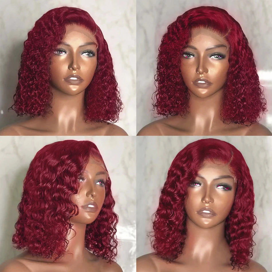 200% 99J Burgundy Short Bob Hair Wig 13x4 Lace Front Wig Human Hair Red Colored Deep Water Wave Lace Frontal Wig 100% Human Hair