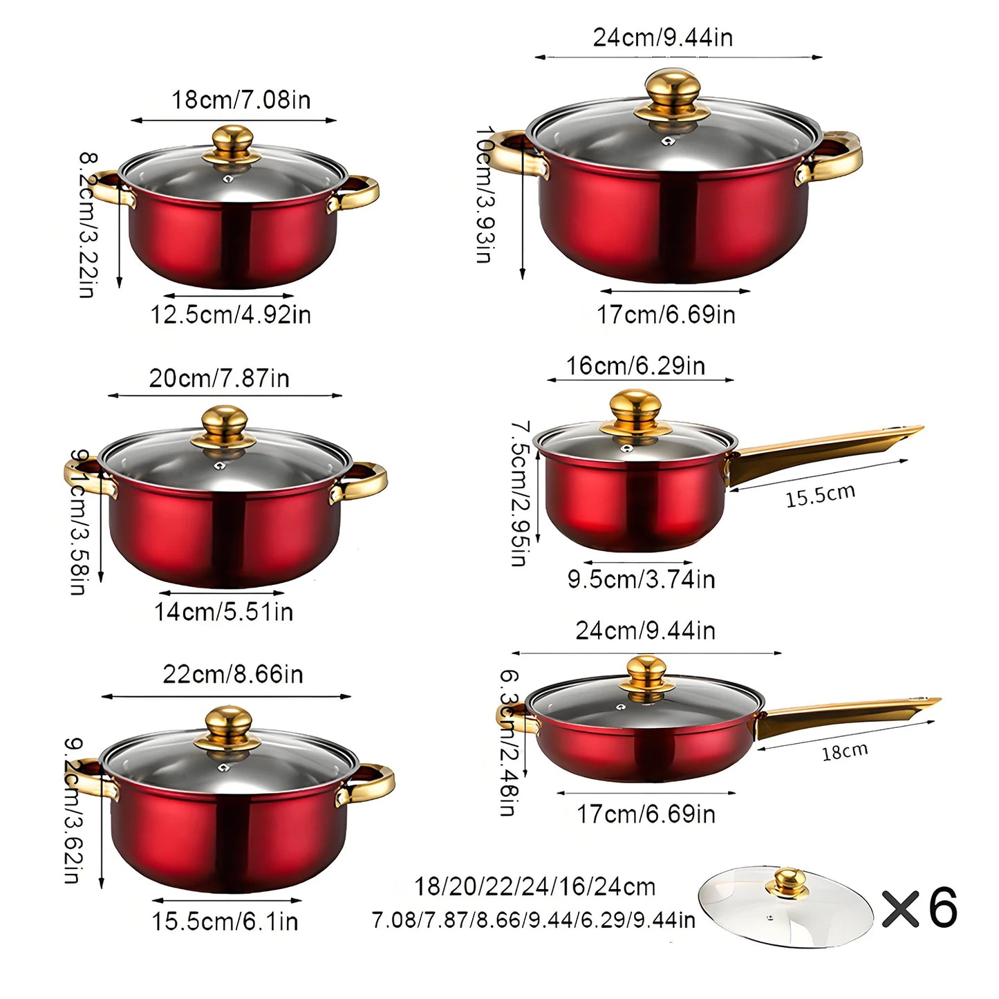 Red Cookware Set, 12-Piece ,Stainless Steel, Non-Stick, Kitchen Cookware Collection,Complete Kitchen Solution
