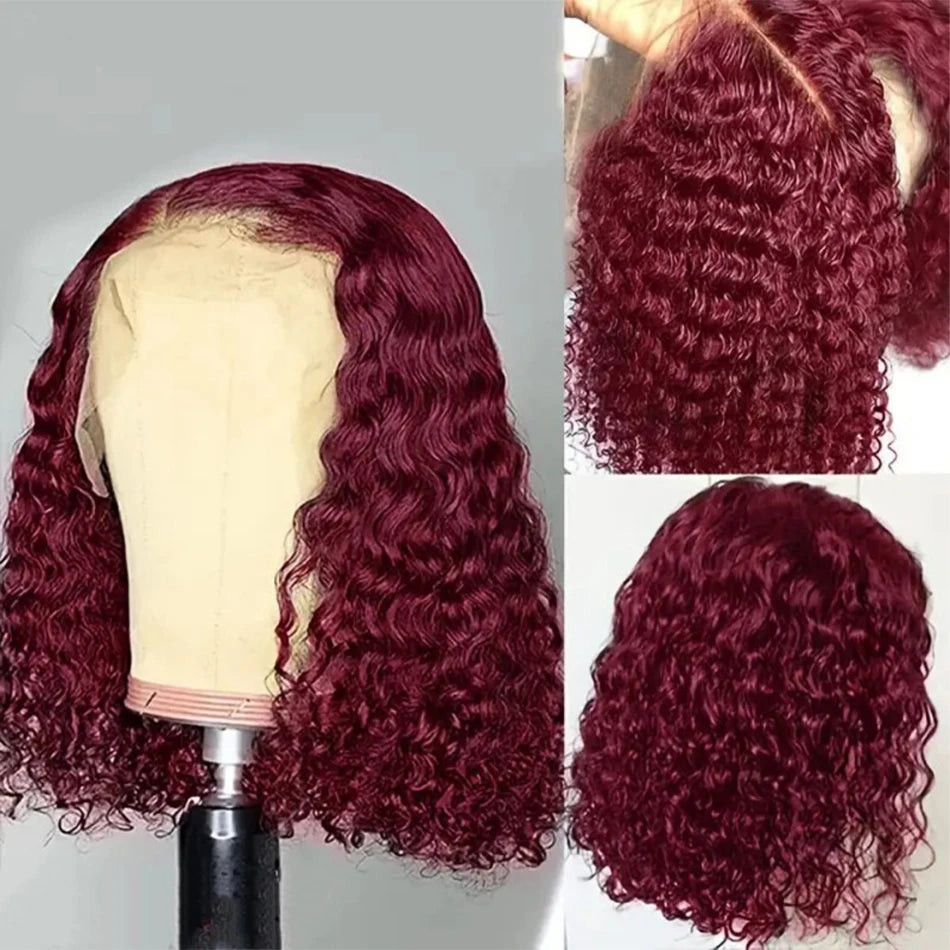 200% 99J Burgundy Short Bob Hair Wig 13x4 Lace Front Wig Human Hair Red Colored Deep Water Wave Lace Frontal Wig 100% Human Hair