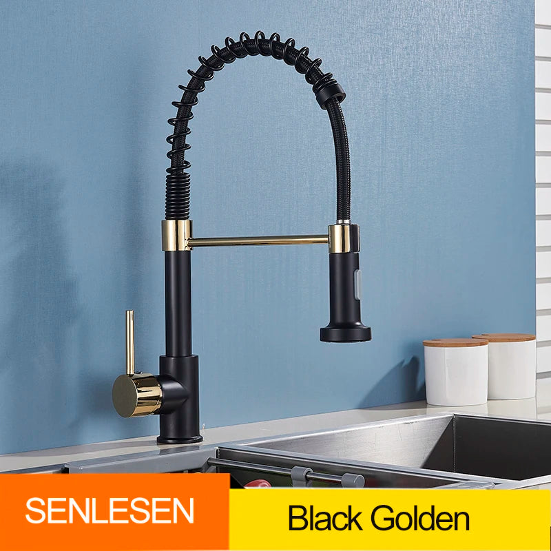 Senlesen Golden Kitchen Spring Faucet Brass Deck Mount 360 Degree Rotate Stream and Sprayer Nozzle Hot and Cold Mixer Vanity Sink Tap - Vibrant Variety Store