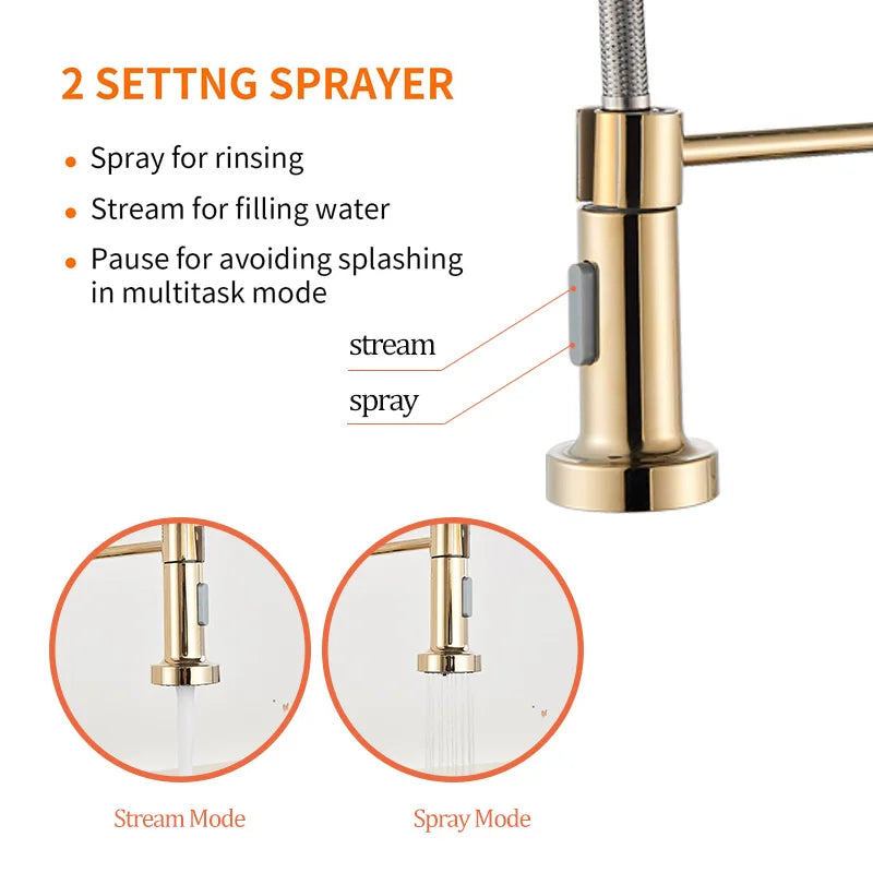 Senlesen Golden Kitchen Spring Faucet Brass Deck Mount 360 Degree Rotate Stream and Sprayer Nozzle Hot and Cold Mixer Vanity Sink Tap - Vibrant Variety Store