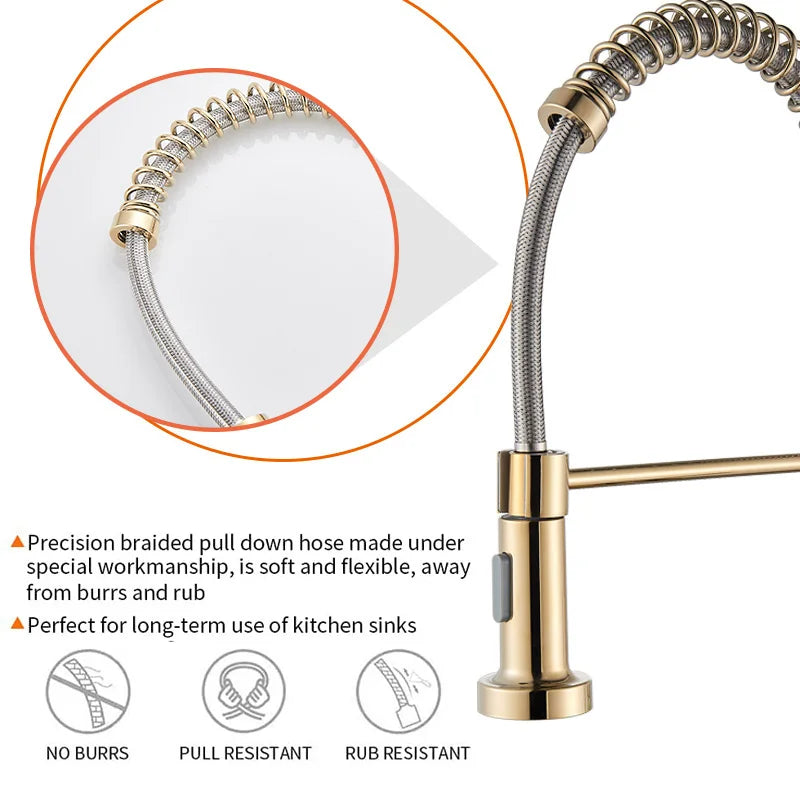 Senlesen Golden Kitchen Spring Faucet Brass Deck Mount 360 Degree Rotate Stream and Sprayer Nozzle Hot and Cold Mixer Vanity Sink Tap - Vibrant Variety Store