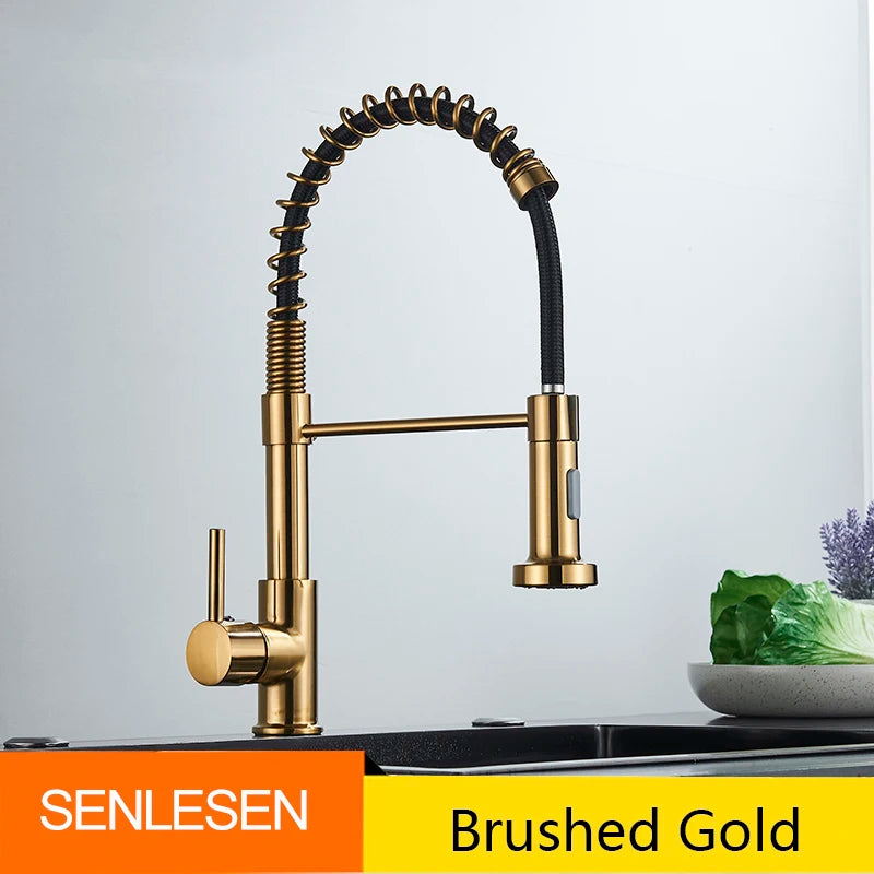 Senlesen Golden Kitchen Spring Faucet Brass Deck Mount 360 Degree Rotate Stream and Sprayer Nozzle Hot and Cold Mixer Vanity Sink Tap - Vibrant Variety Store