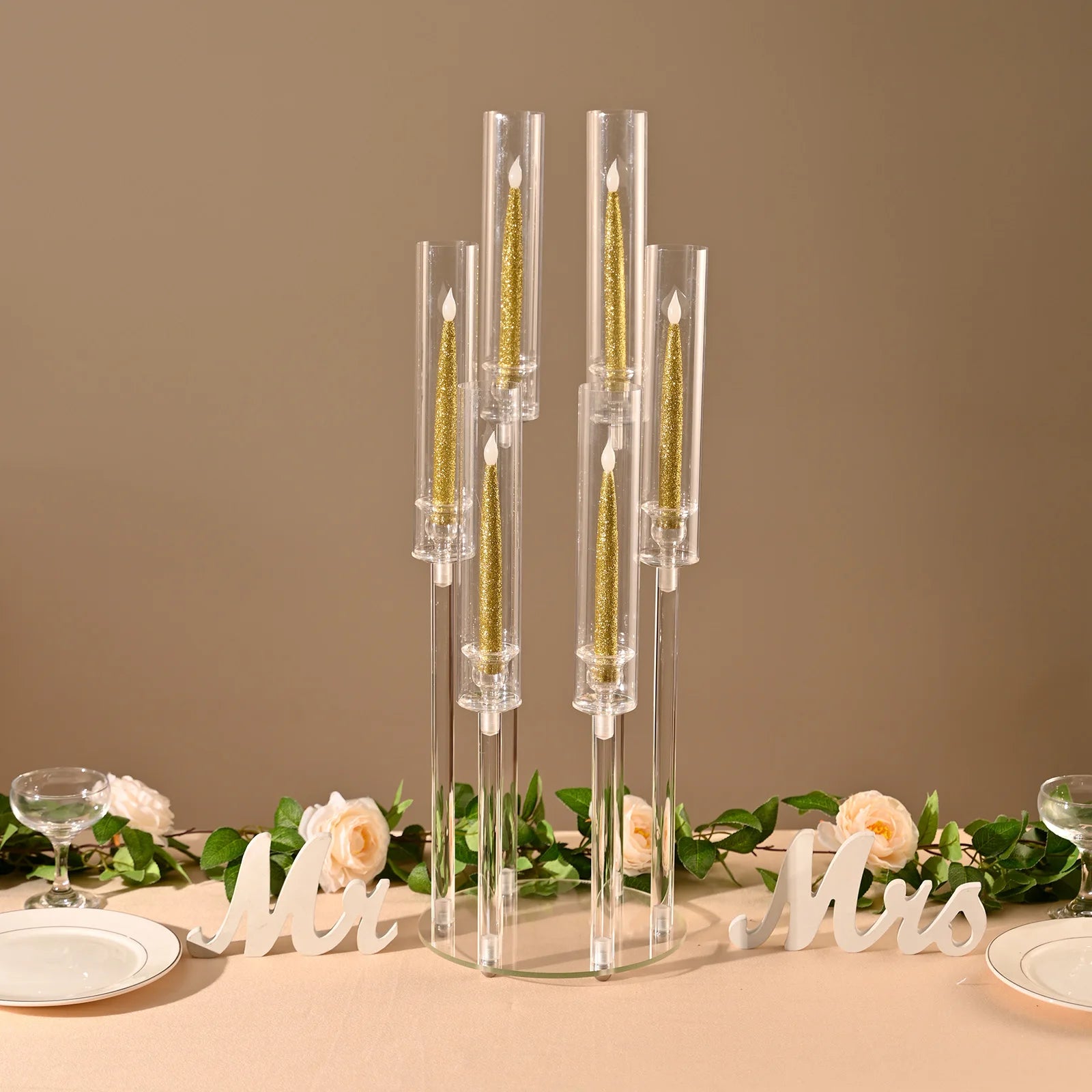 10 Piece Clear Acrylic 6 Arm Candelabra Candle Holders for Wedding Party and Dining Table Decoration - Vibrant Variety Store