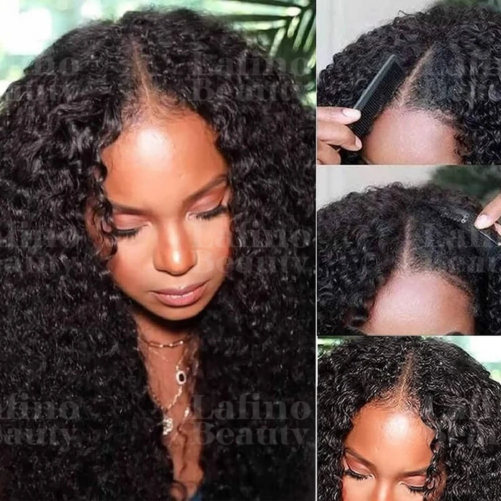 Glueless Kinky Curly V Part Wig Human Hair No Lace Wig Deep Wave Frontal Wig Water Wave Human Hair Wig Brazilian Hair For Women