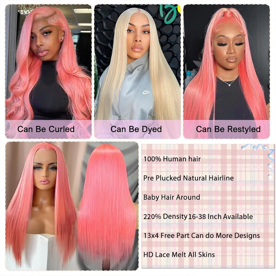 Pink Wig Straight Human Hair Wigs 30 32 Inch Lace Front Wigs 13X6 Hd Lace Frontal Wigs Colored Brazilian Wigs Original For Women
