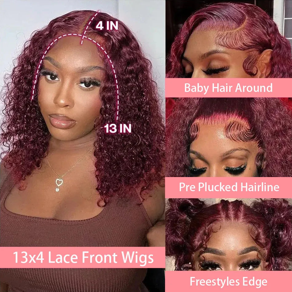 200% 99J Burgundy Short Bob Hair Wig 13x4 Lace Front Wig Human Hair Red Colored Deep Water Wave Lace Frontal Wig 100% Human Hair
