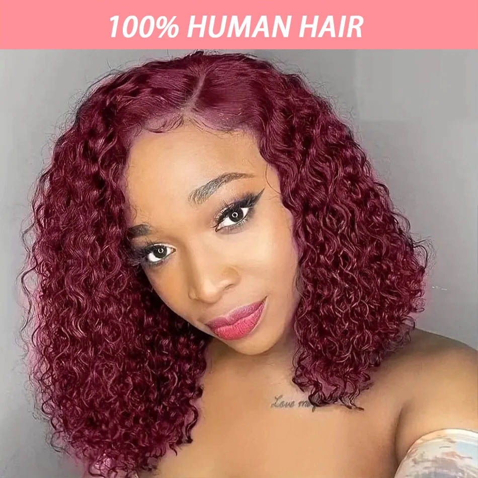 200% 99J Burgundy Short Bob Hair Wig 13x4 Lace Front Wig Human Hair Red Colored Deep Water Wave Lace Frontal Wig 100% Human Hair