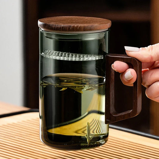 Household Portable Drinkware Transparent Glass Cup Wooden Handle Coffee Mug Kitchen Tea Making Cup Coffeeware Teaware - Vibrant Variety Store