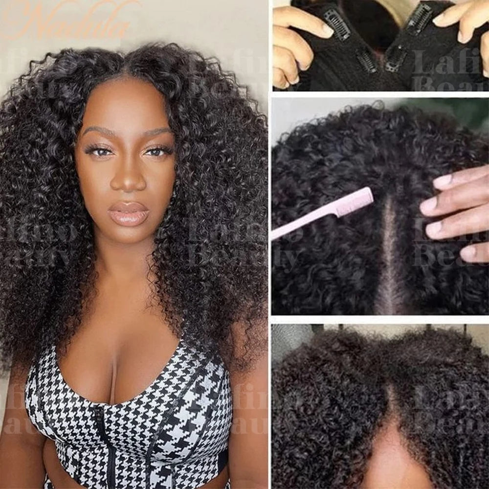 Glueless Kinky Curly V Part Wig Human Hair No Lace Wig Deep Wave Frontal Wig Water Wave Human Hair Wig Brazilian Hair For Women