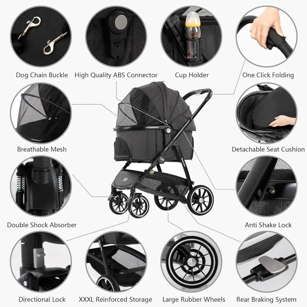 Pet Stroller 3 in 1 Dog Stroller for Medium Small Dogs Large Cat Stroller with Detachable Carrier for Puppies - Vibrant Variety Store