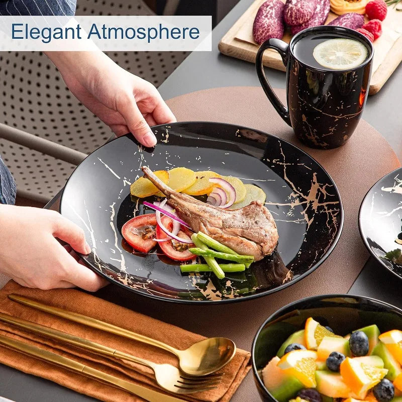 Plates and Bowls Sets for 4, Black Dinnerware Sets 16 Piece Gold Splash Glaze Round Dish Set, Porcelain Plate - Vibrant Variety Store