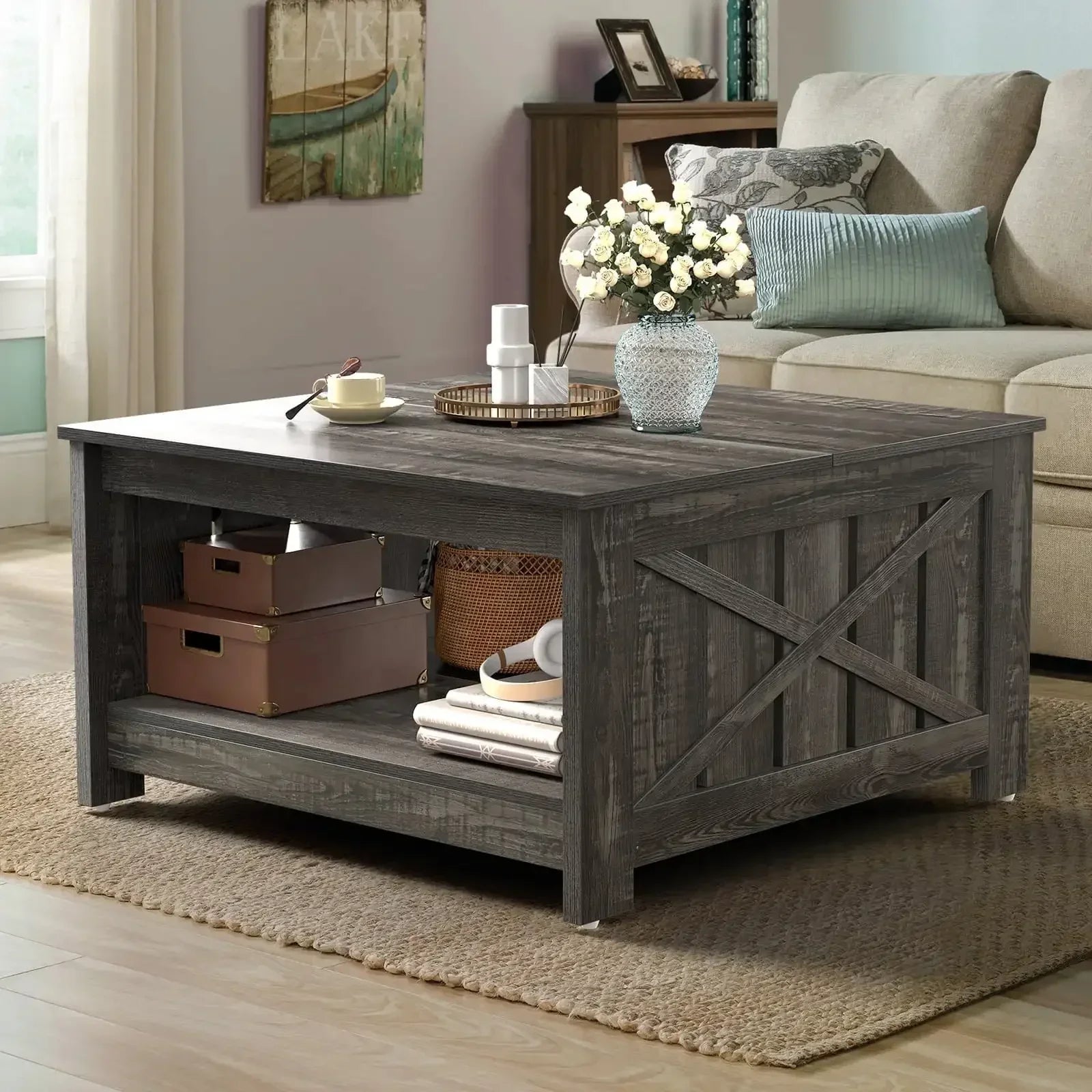 Square Farmhouse Coffee Table with Half Open Storage Compartment in Rustic Gray - Vibrant Variety Store