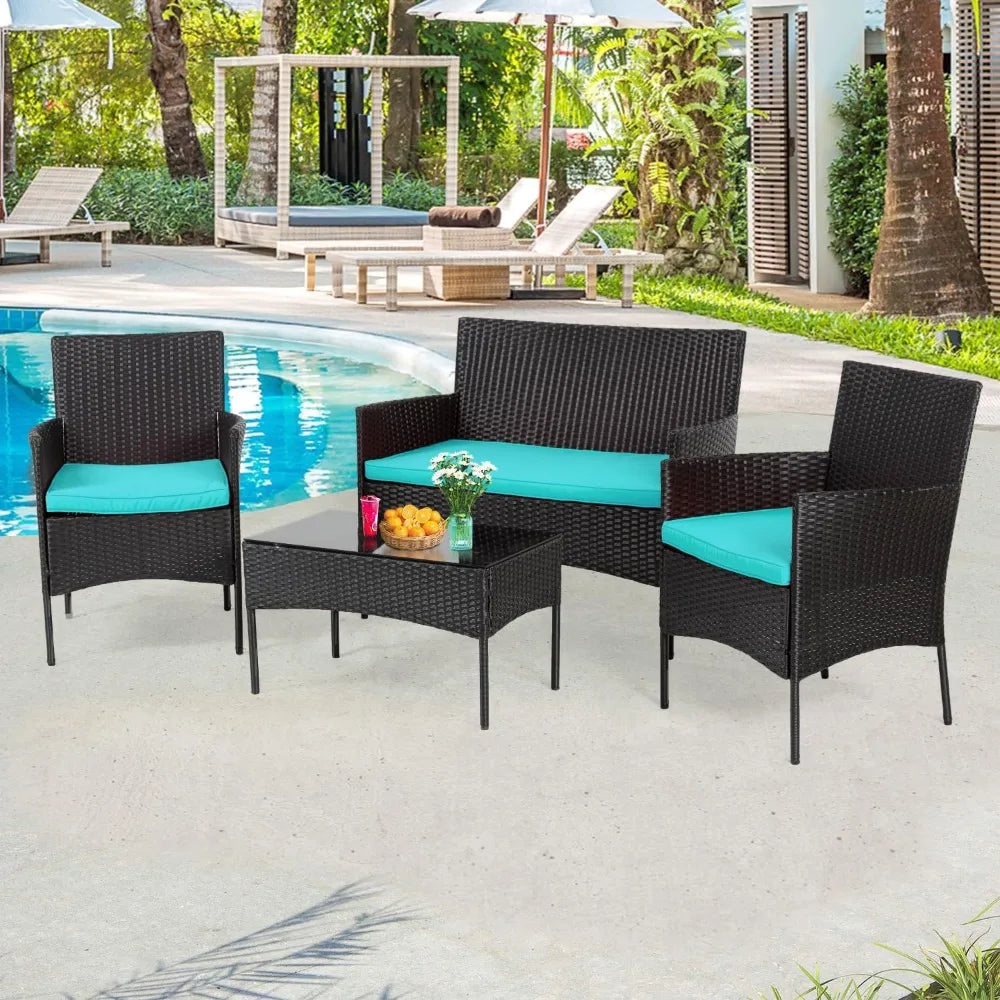 4 Piece Outdoor Wicker Patio Conversation Furniture Set with Coffee Table and Seat Cushions - Vibrant Variety Store