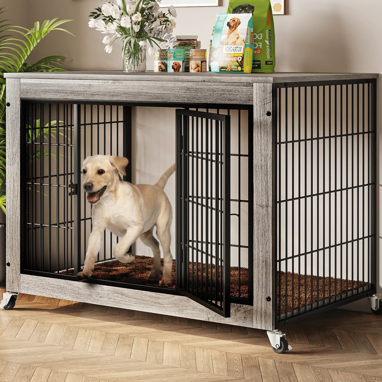 Modern Dog Crate Furniture with Cushion Double Door Wooden Dog Kennel Indoor with Wheels - Vibrant Variety Store