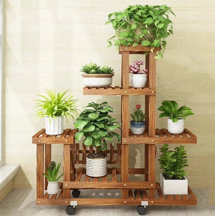 6 Tier Wood Plant Stand Vertical Carbonized Multiple Holder for Indoor Outdoor Patio - Vibrant Variety Store