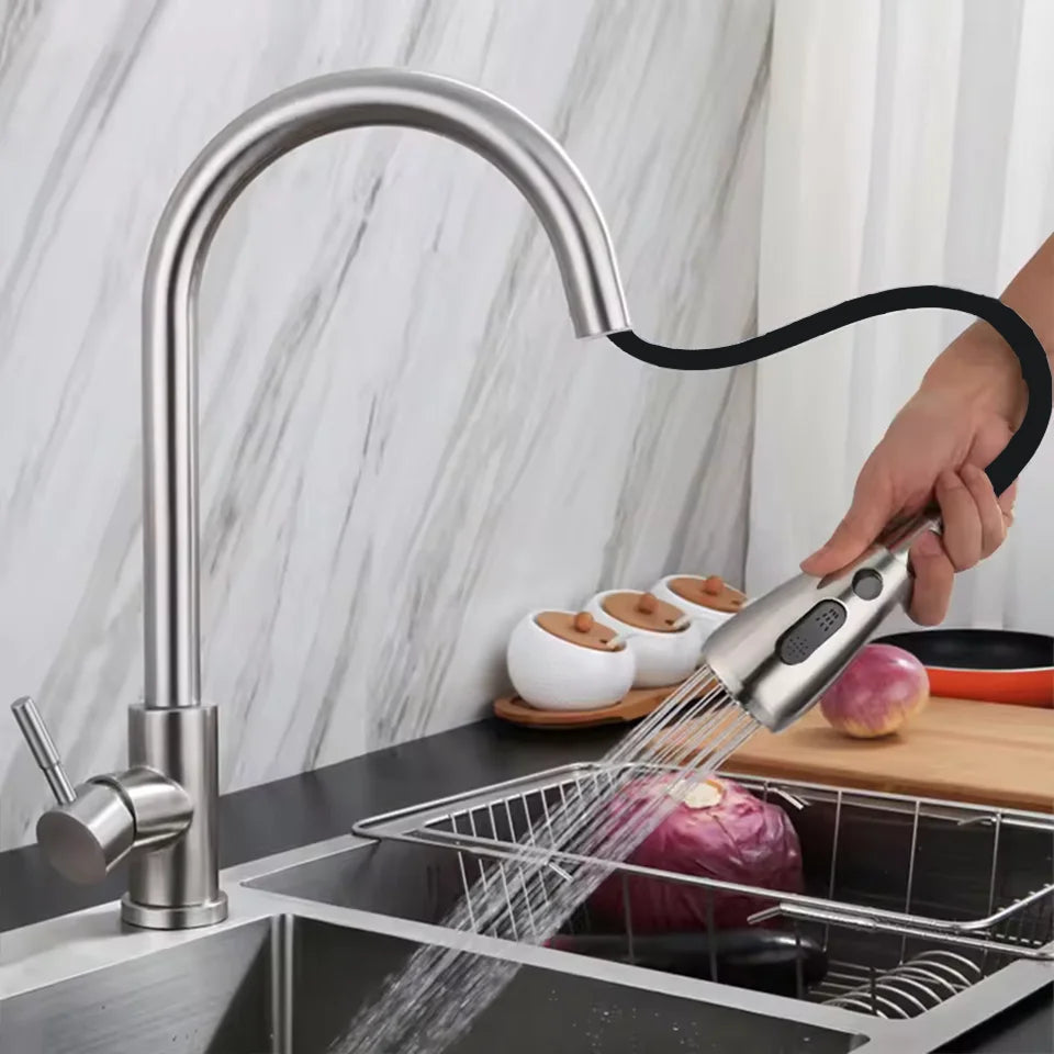 Kitchen Stainless Steel Hot and Cold Pull-Out Faucet with Three Functional Nozzles - Vibrant Variety Store