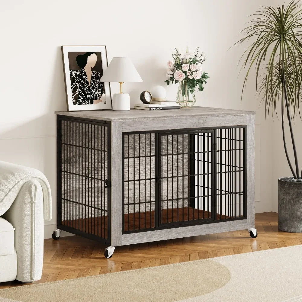Modern Dog Crate Furniture with Cushion Double Door Wooden Dog Kennel Indoor with Wheels - Vibrant Variety Store