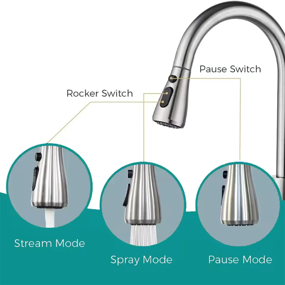 Kitchen Stainless Steel Hot and Cold Pull-Out Faucet with Three Functional Nozzles - Vibrant Variety Store