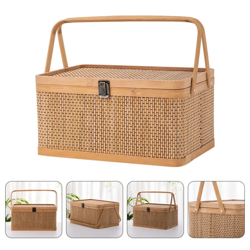 1Pc Woven Bamboo Basket Durable Storage Container Kitchen Garden Harvest Picnic Fruits Vegetable Egg Holder Shopping Bag With - Vibrant Variety Store