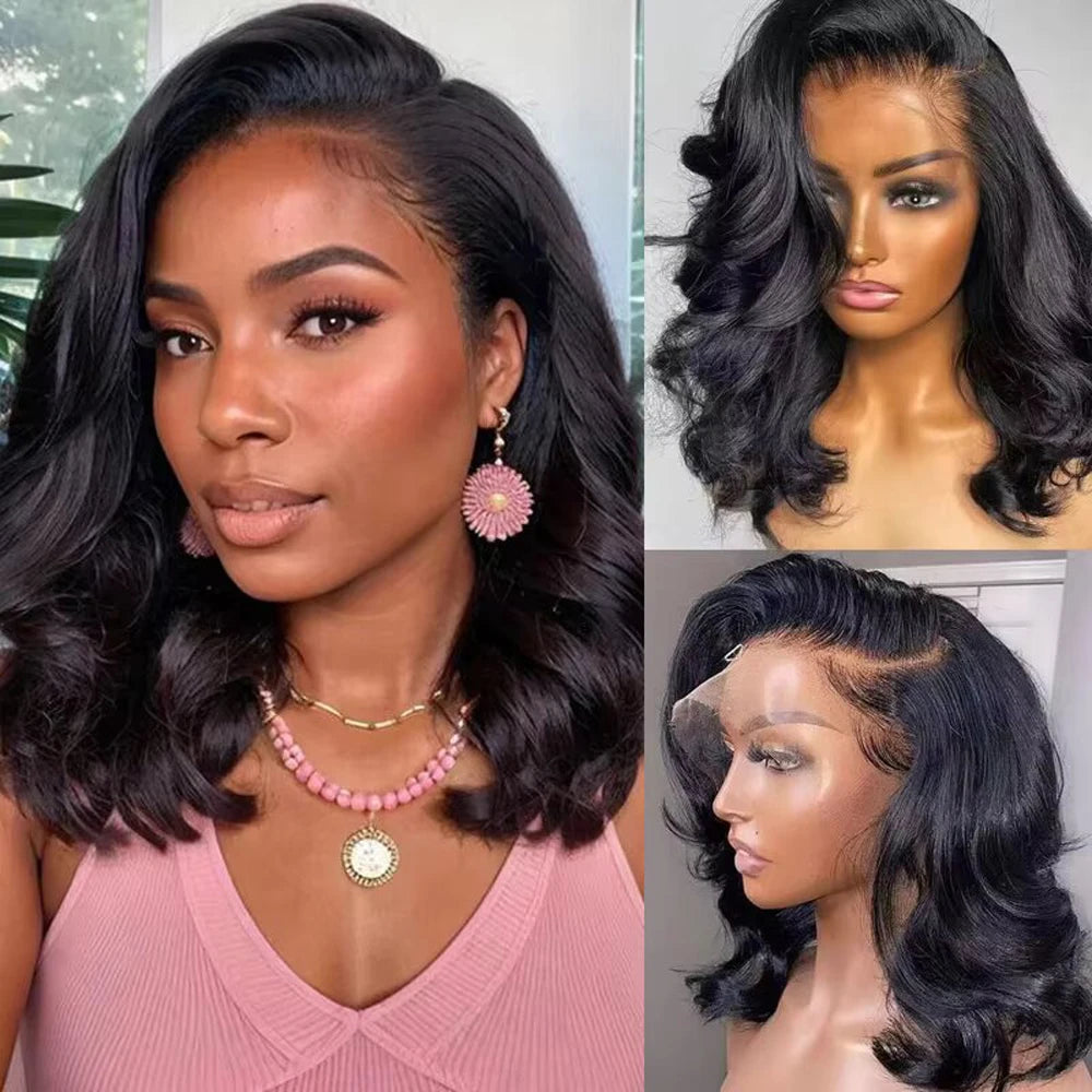 Body Wave Short Bob Wig 200 Density 13x4 Lace Front Human Hair Wig 16 Inch 100% Brazilian Remy Hair Pre Plucked With Baby Hair