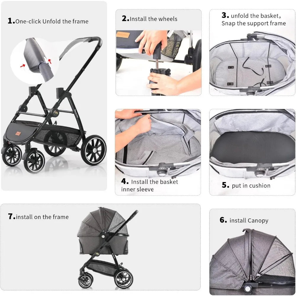 Pet Stroller 3 in 1 Dog Stroller for Medium and Small Dogs Large Cat Stroller with Detachable Carrier for Puppies - Vibrant Variety Store