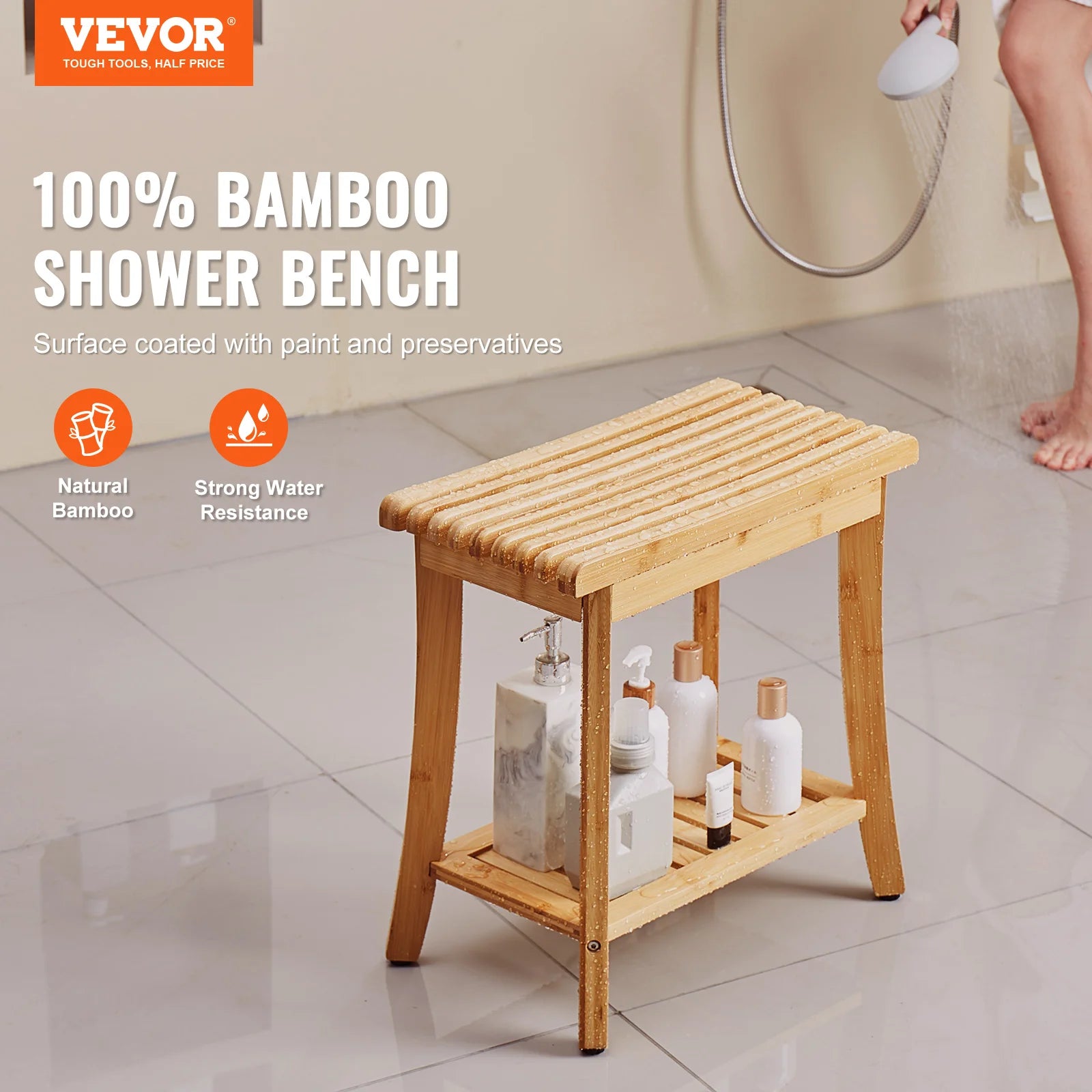 VEVOR Bamboo Shower Bench 19.1 x 11.3 x 18.3 in Waterproof Shower Stool Chair with Storage Shelf 330lbs Load Capacity Spa Seat - Vibrant Variety Store