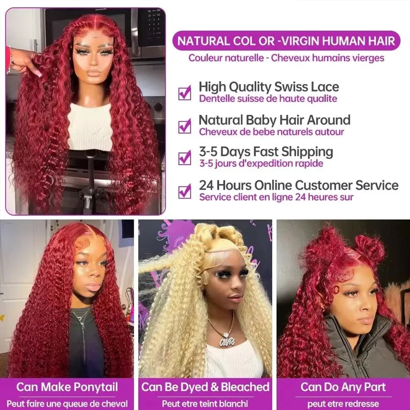 Brazilian 40Inch Deep Wave 13x4 13x6 HD Transparent Human Hair Wig Remy Wet And Wavy Red Closure Curly Wave Lace Frontal Wig