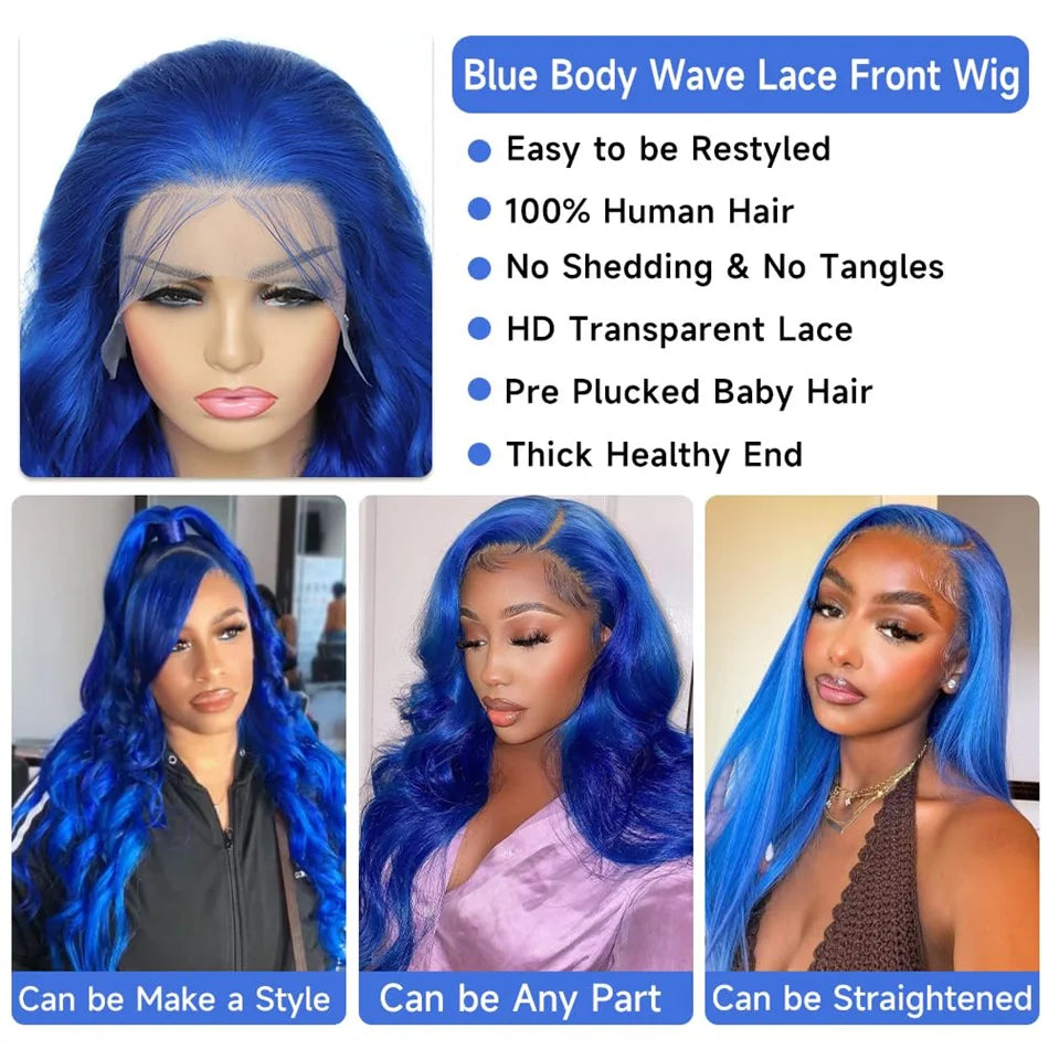 HD 13x6 Royal Blue Colored Lace Front Wig Body Wave 100% Human Hair Wigs Brazilian 30 Inch Glueless Lace Frontal Wig Pre Plucked