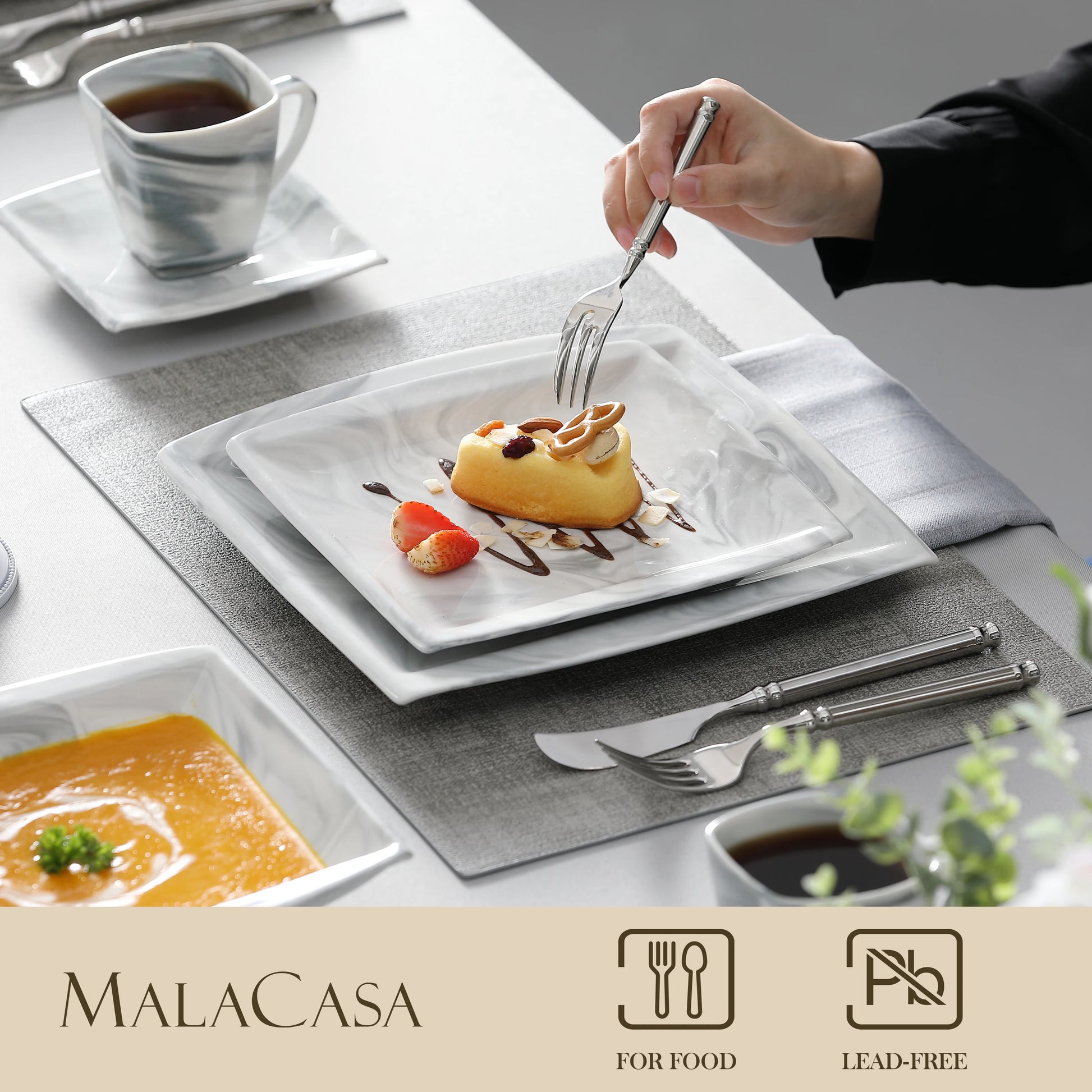 MALACASA 30/60PCS Marble Grey Porcelain Tableware Dinnerware Set with 6PCS Dessert/Soup/Dinner Plate/Cup/Saucer,Service for 12 - Vibrant Variety Store