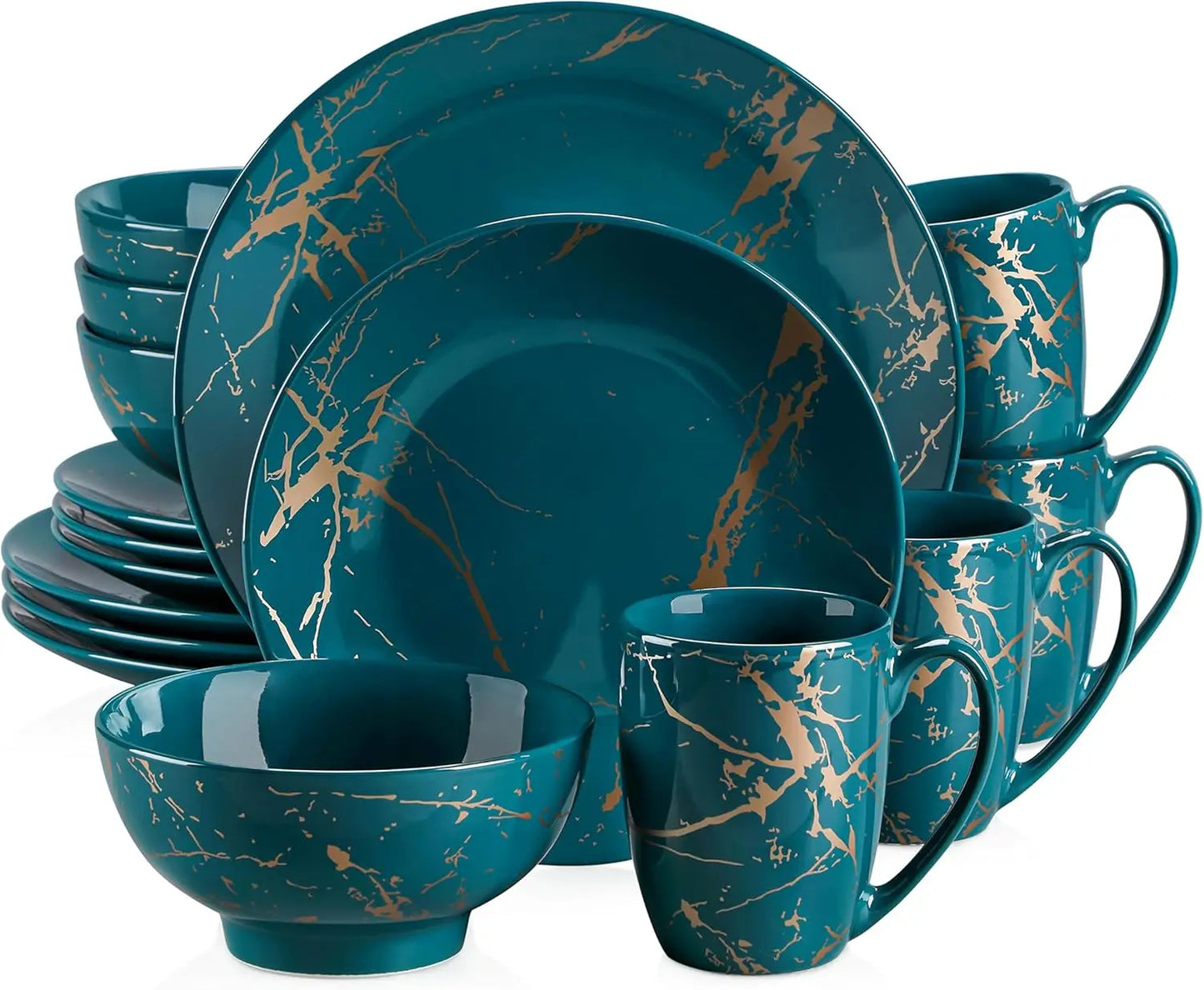 Plates and Bowls Sets for 4, Black Dinnerware Sets 16 Piece Gold Splash Glaze Round Dish Set, Porcelain Plate - Vibrant Variety Store