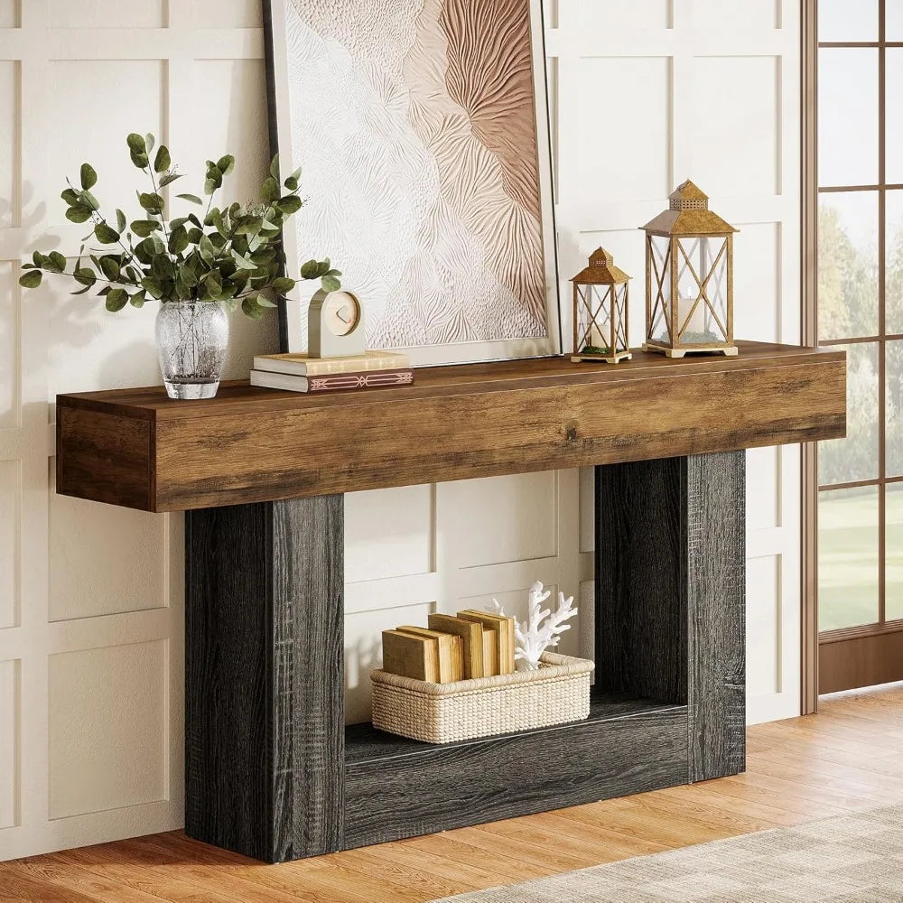 63 Inch Long Console Table 2 Tier Entryway Table Sofa Table with Storage Farmhouse Wood Behind Couch Table for Living Room - Vibrant Variety Store