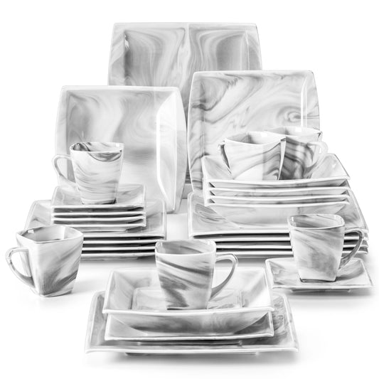 MALACASA 30/60PCS Marble Grey Porcelain Tableware Dinnerware Set with 6PCS Dessert/Soup/Dinner Plate/Cup/Saucer,Service for 12 - Vibrant Variety Store