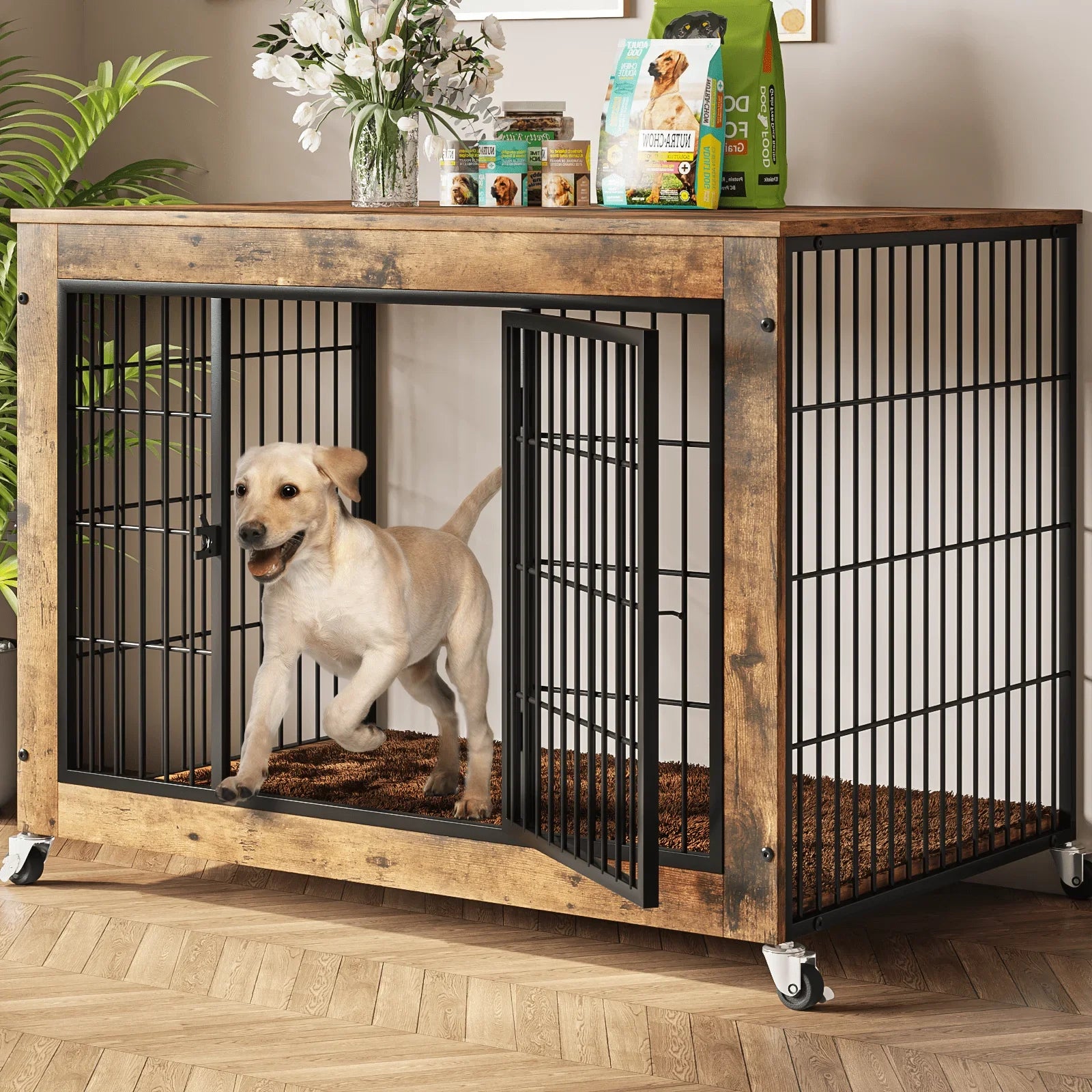 Modern Dog Crate Furniture with Cushion Double Door Wooden Dog Kennel Indoor with Wheels - Vibrant Variety Store