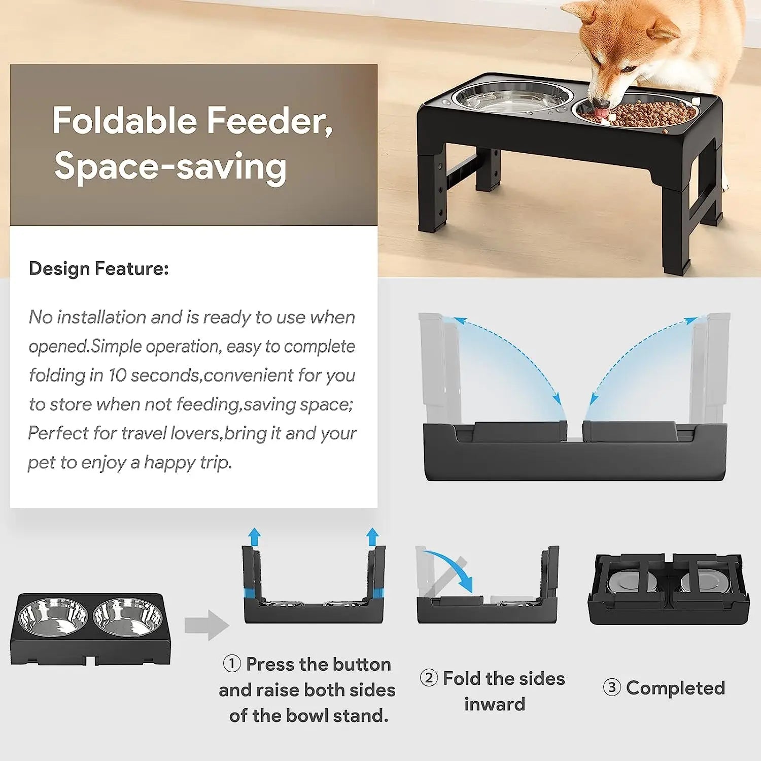 Multi Heights Folding Dog and Cat Bowls Adjustable Stainless Steel Elevated Feeder for Small and Large Pets - Vibrant Variety Store