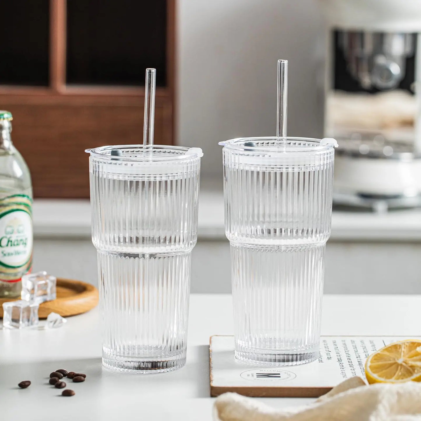KEMORELA 20 oz Ribbed Glass Tumblers with Lids and Straws 2/4-Piece Glassware Set for Iced Coffee Smoothies Cocktails and Juices