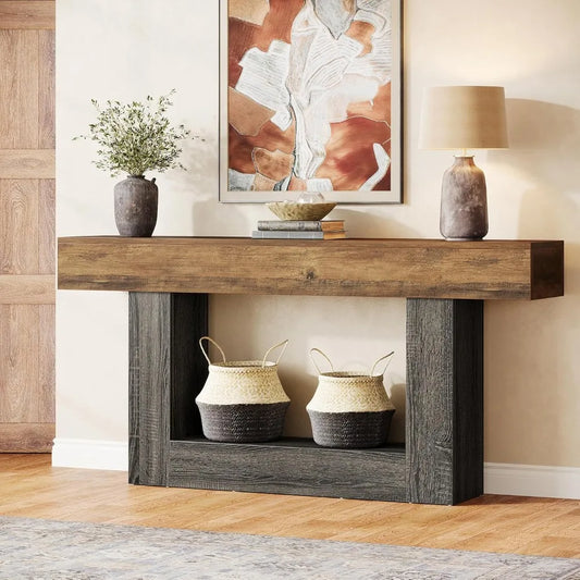 63 Inch Long Console Table 2 Tier Entryway Table Sofa Table with Storage Farmhouse Wood Behind Couch Table for Living Room - Vibrant Variety Store