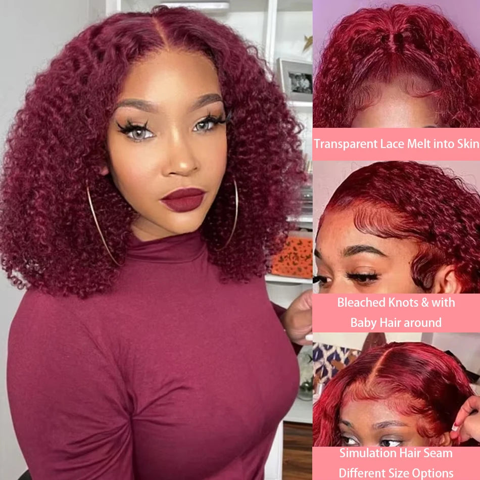 200% 99J Burgundy Short Bob Hair Wig 13x4 Lace Front Wig Human Hair Red Colored Deep Water Wave Lace Frontal Wig 100% Human Hair