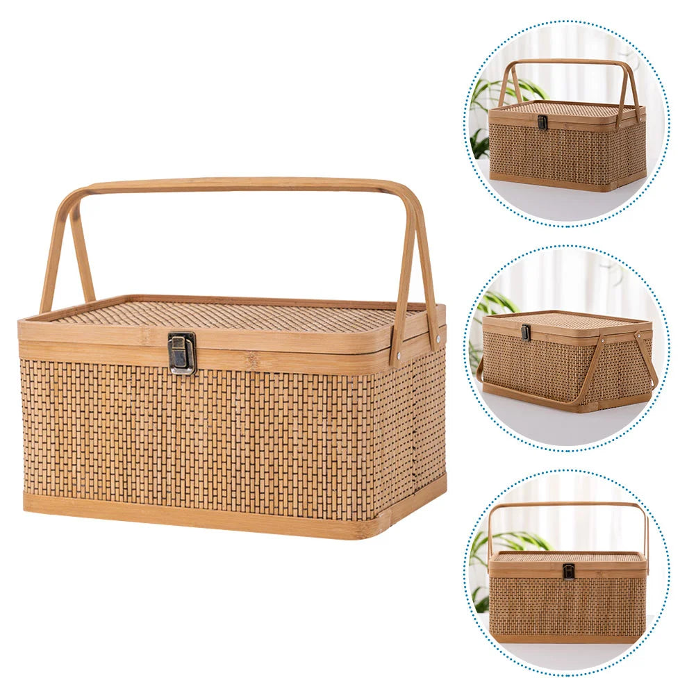 1Pc Woven Bamboo Basket Durable Storage Container Kitchen Garden Harvest Picnic Fruits Vegetable Egg Holder Shopping Bag With - Vibrant Variety Store