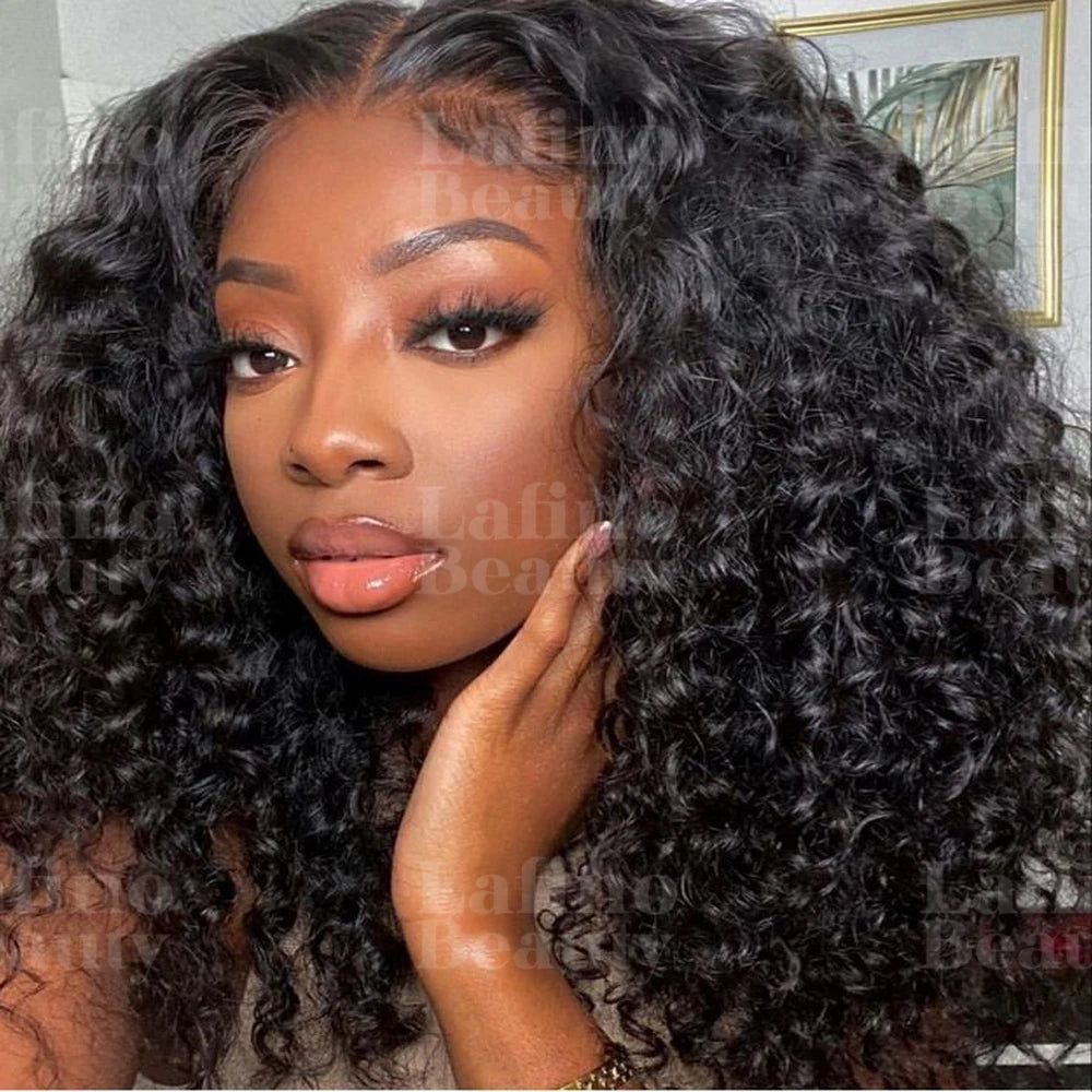 Glueless Kinky Curly V Part Wig Human Hair No Lace Wig Deep Wave Frontal Wig Water Wave Human Hair Wig Brazilian Hair For Women