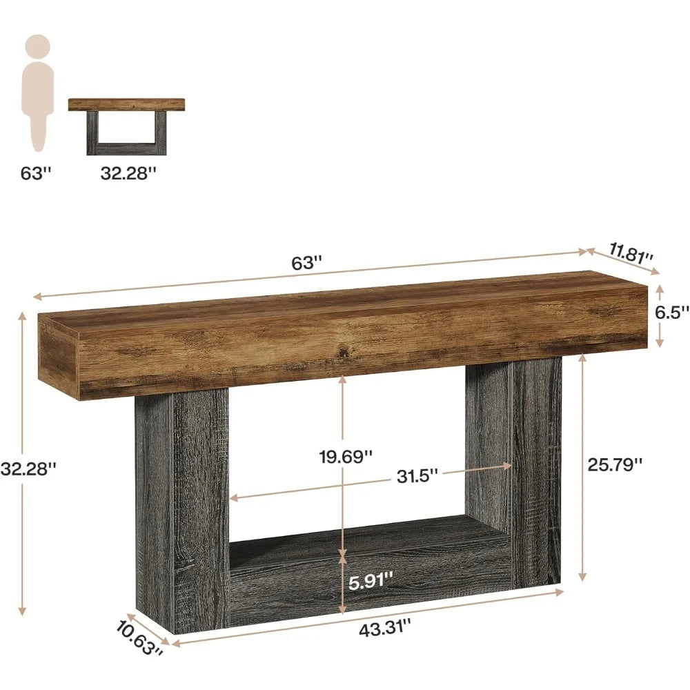 63 Inch Long Console Table 2 Tier Entryway Table Sofa Table with Storage Farmhouse Wood Behind Couch Table for Living Room - Vibrant Variety Store