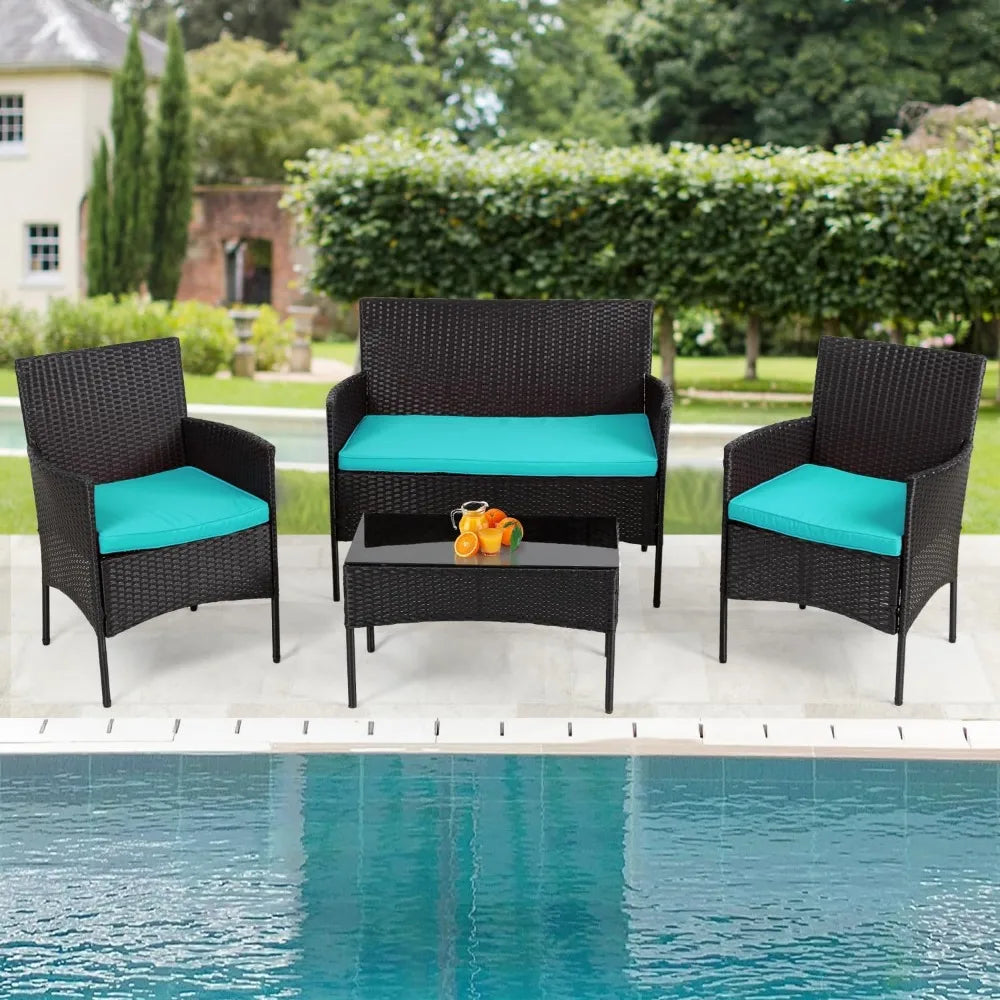 4 Piece Outdoor Wicker Patio Conversation Furniture Set with Coffee Table and Seat Cushions - Vibrant Variety Store
