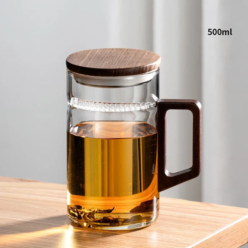Household Portable Drinkware Transparent Glass Cup Wooden Handle Coffee Mug Kitchen Tea Making Cup Coffeeware Teaware - Vibrant Variety Store