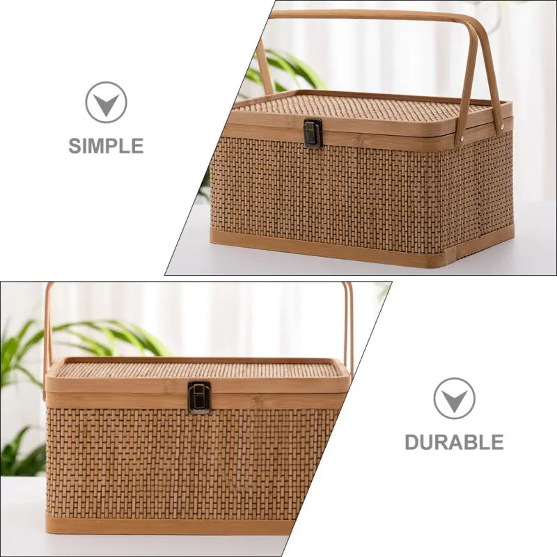 1Pc Woven Bamboo Basket Durable Storage Container Kitchen Garden Harvest Picnic Fruits Vegetable Egg Holder Shopping Bag With - Vibrant Variety Store