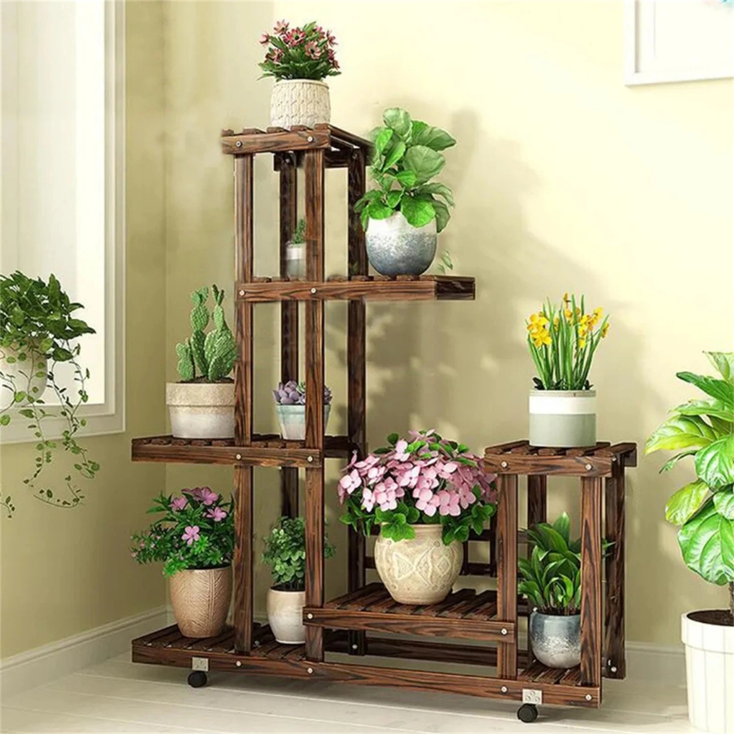6 Tier Wood Plant Stand Vertical Carbonized Multiple Holder Indoor Outdoor Patio Display - Vibrant Variety Store