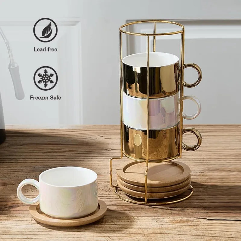 Porcelain Espresso Cup with Saucers and Metal Stand - 6 Ounce Stackable Ceramic Demitasse Espresso Mugs Cappuccino Cups Set - Vibrant Variety Store