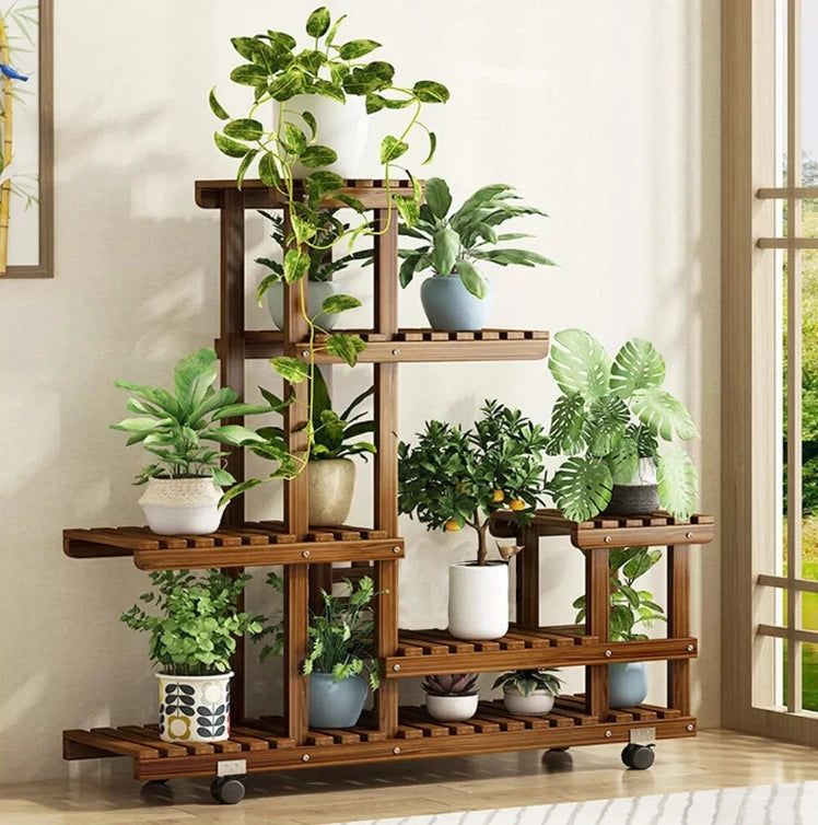 6 Tier Wood Plant Stand Vertical Carbonized Multiple Holder Indoor Outdoor Patio Display - Vibrant Variety Store