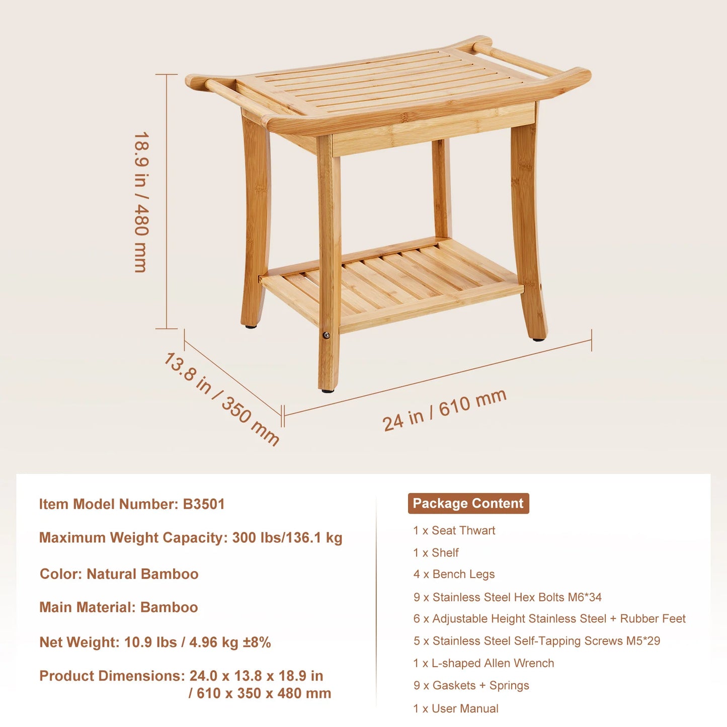 VEVOR Bamboo Shower Bench 19.1 x 11.3 x 18.3 in Waterproof Shower Stool Chair with Storage Shelf 330lbs Load Capacity Spa Seat - Vibrant Variety Store