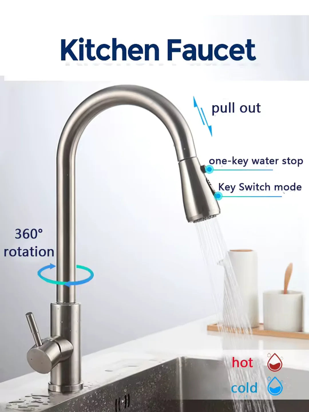 Kitchen Stainless Steel Hot and Cold Pull-Out Faucet with Three Functional Nozzles - Vibrant Variety Store